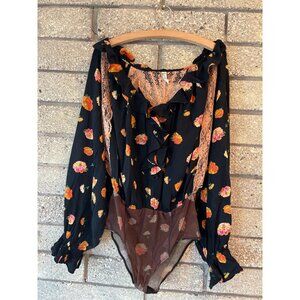 Floral & Lace Long-Sleeve Black Bodysuit By Free People Size M